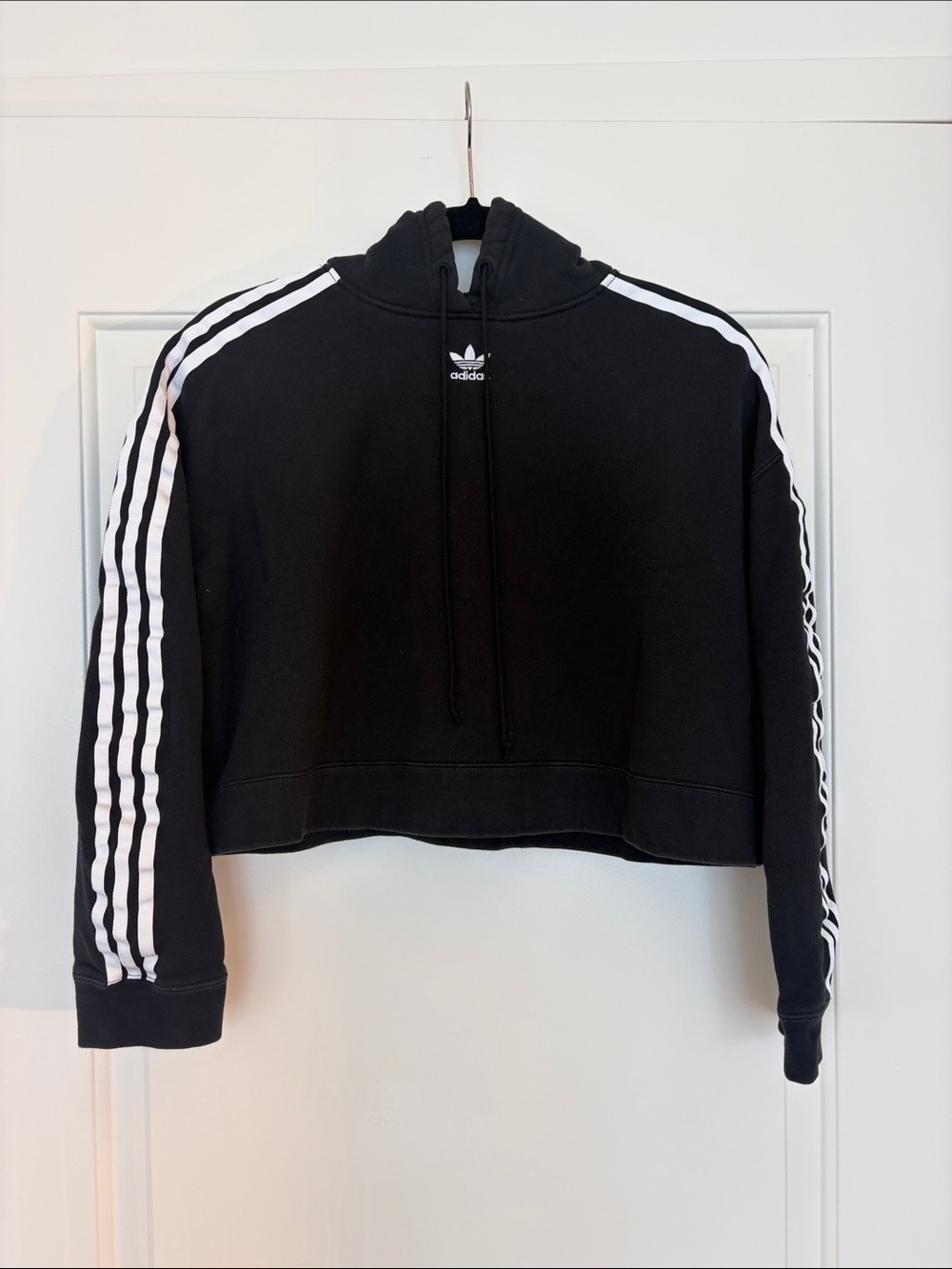2018 adidas Black Cropped Hoodie with White Stripe Sleeves